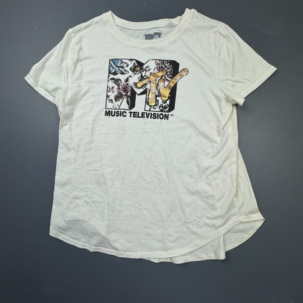 MTV Women's 2XL White Floral Graphic T-Shirt Short Sleeve Crew Neck Music Retro